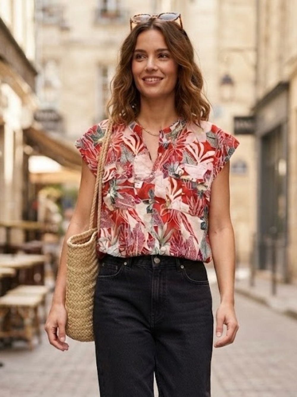 Mexx Red Tropical Floral 100% Cotton Button-Down Blouse Sleeveless Top Boho